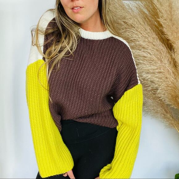 DOLLS KILL BLUE BLUSH White Brown Yellow Colorblock Chunky Knit Cozy Sweater S - Picture 1 of 11